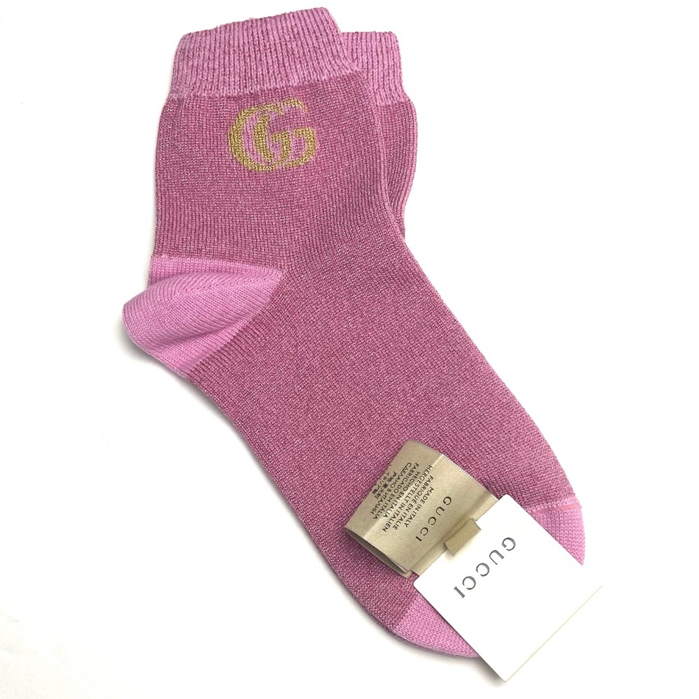 Gucci #681687 Cashmere GG Pink Rose Lame' Socks, Size Medium, NWT